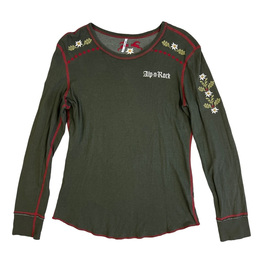 Alp N Rock Olive Long Sleeve Tee with Floral Embroidery